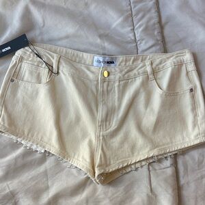 Fashion Nova Cream Denim Jean Shorts with Beaded Hem
